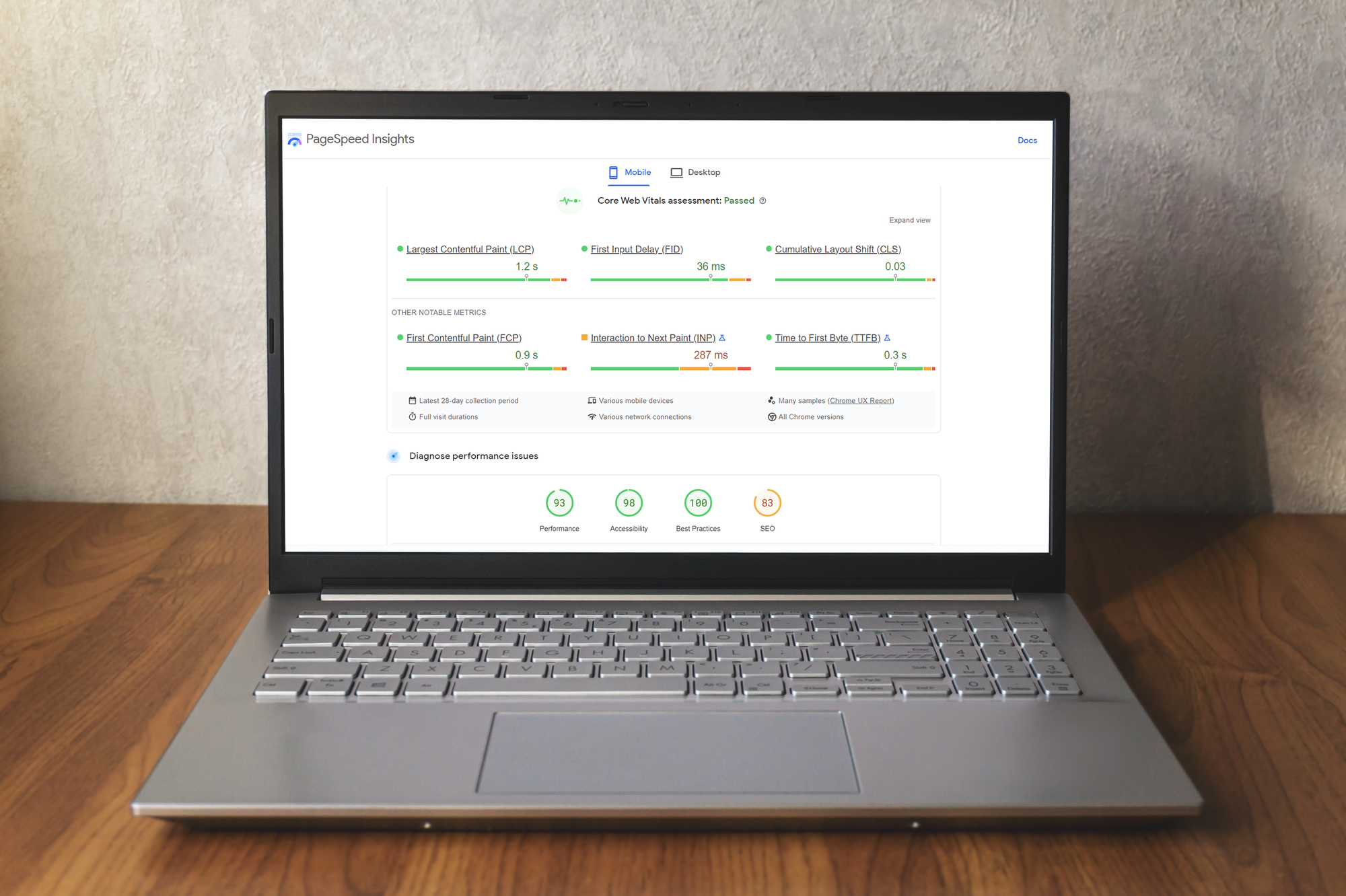 Google PageSpeed Insights on laptop screen